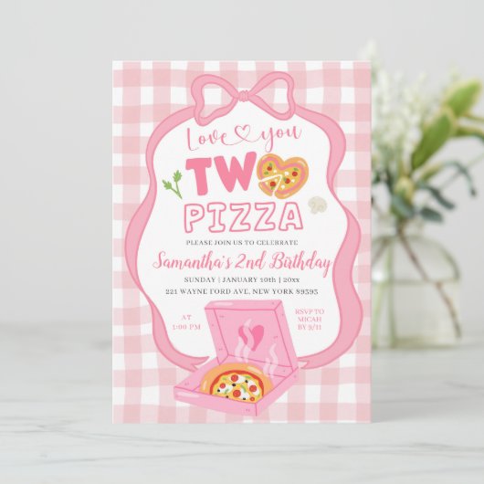 Pink Bow GinghamLove you TWO pizza birthday 招待状 (スタンド正面)
