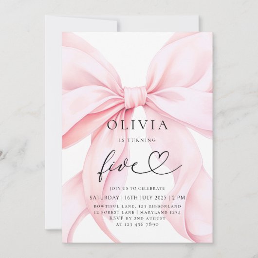 Pink Bow Girl 5th Birthday  招待状 (正面)