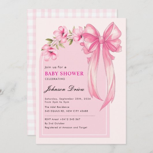 Pink Bow Girl Baby Shower 招待状 (正面/裏面)