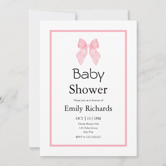 Pink Bow Girl Baby Shower 招待状 (正面)