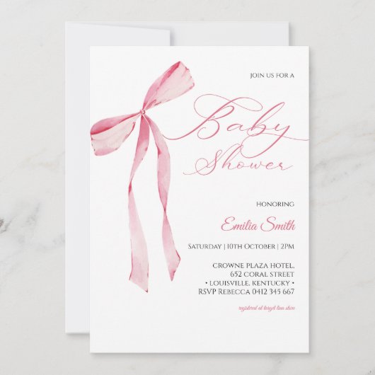 Pink bow Girl baby shower  招待状 (正面)