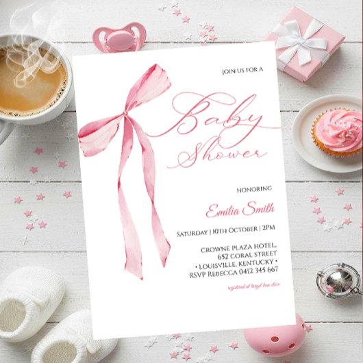 Pink bow Girl baby shower  招待状