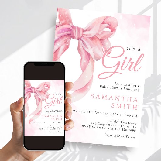 Pink Bow Girl Baby Shower 招待状