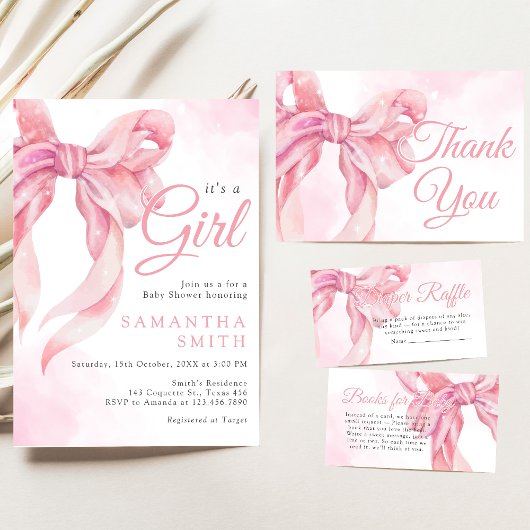 Pink Bow Girl Baby Shower 招待状