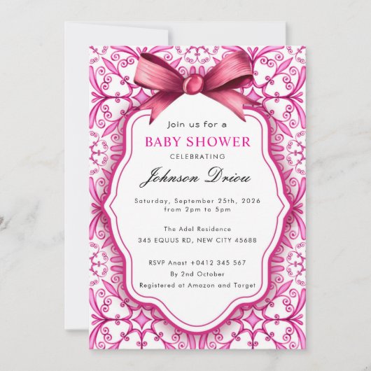 Pink Bow Girl Baby Shower 招待状 (正面)