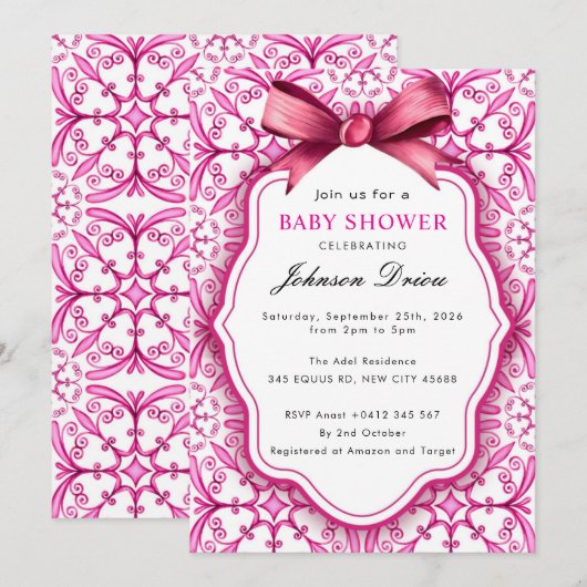 Pink Bow Girl Baby Shower 招待状 (正面/裏面)