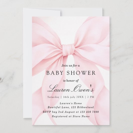 Pink Bow Girl Baby Shower 招待状 (正面)