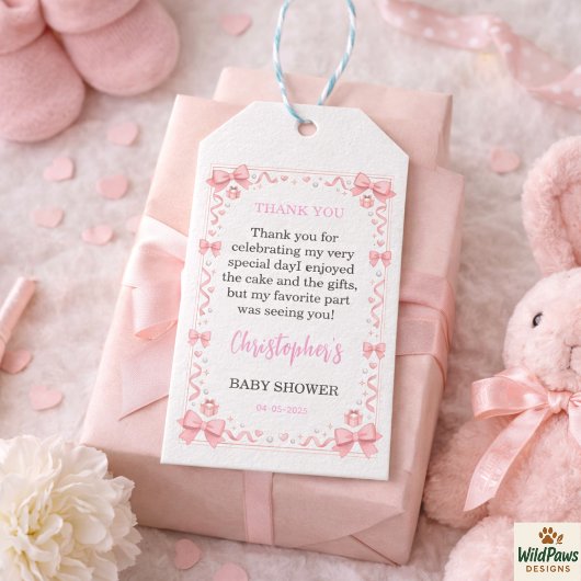 Pink Bow Girl Baby Shower – Cute & Fun Party ギフトタグ