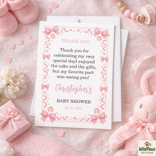 Pink Bow Girl Baby Shower – Cute & Fun Party サンキューカード