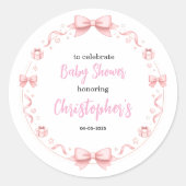 Pink Bow Girl Baby Shower – Cute & Fun Party ラウンドシール (正面)