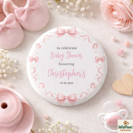 Pink Bow Girl Baby Shower – Cute & Fun Party 缶バッジ