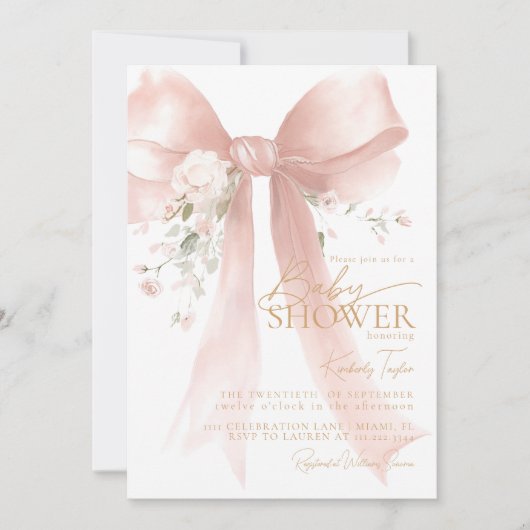 Pink Bow Girl Baby Shower Invitation 招待状 (正面)