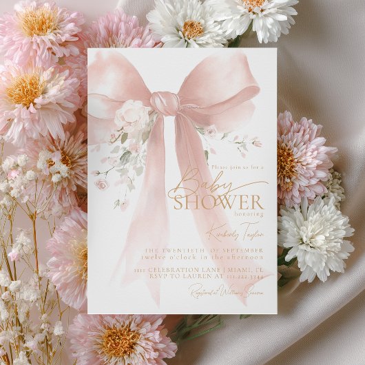 Pink Bow Girl Baby Shower Invitation 招待状