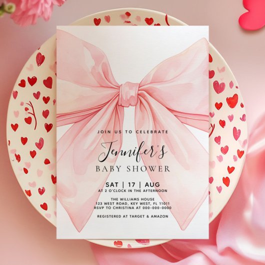 Pink Bow Girl Baby Shower Invitation 招待状