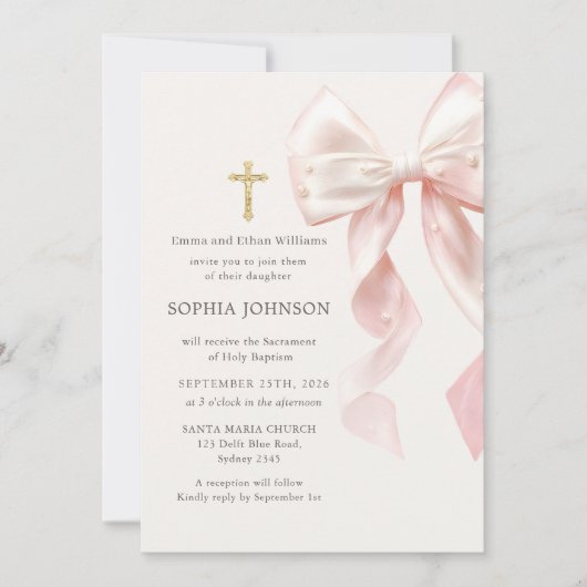 Pink Bow Girl Baptism Invitation 招待状 (正面)