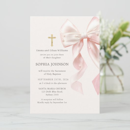 Pink Bow Girl Baptism Invitation 招待状 (スタンド正面)