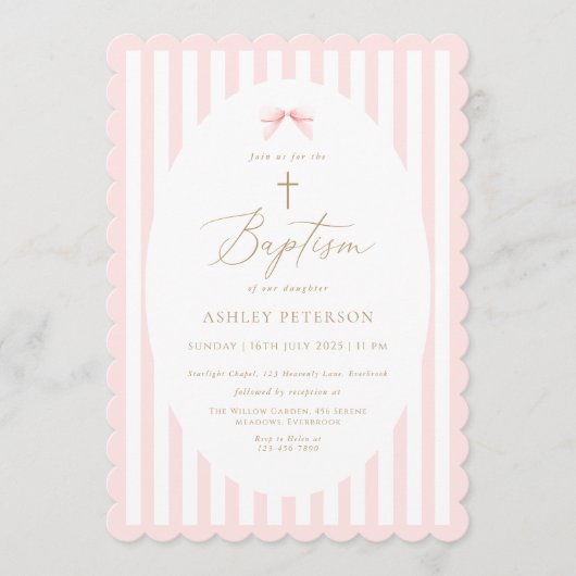 Pink Bow Girl Baptism Invitation 招待状 (正面)