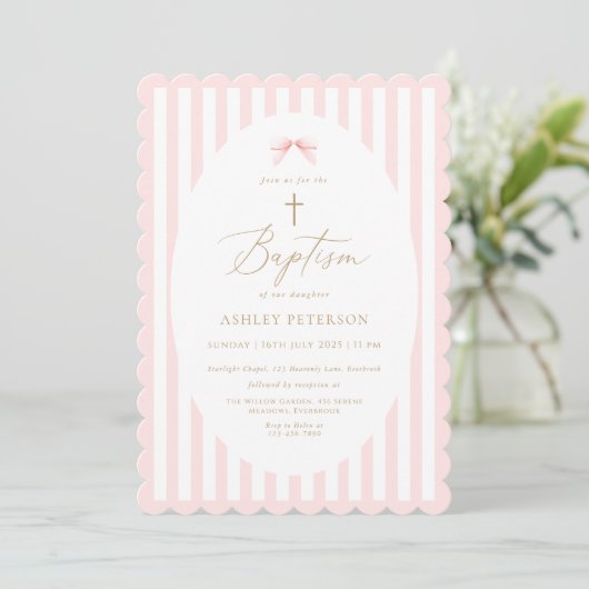 Pink Bow Girl Baptism Invitation 招待状 (スタンド正面)