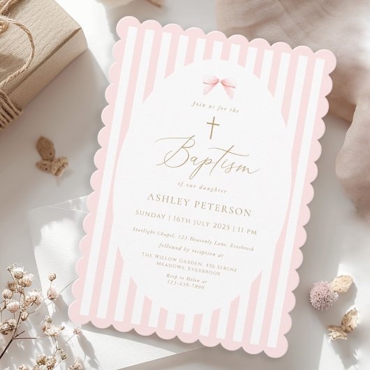 Pink Bow Girl Baptism Invitation 招待状
