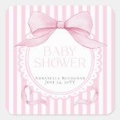 Pink Bow Girl Coquette Striped Baby Shower スクエアシール (正面)