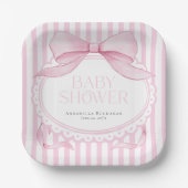 Pink Bow Girl Coquette Striped Baby Shower  ペーパープレート (正面)