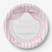 Pink Bow Girl Coquette Striped Baby Shower  ペーパープレート (正面)