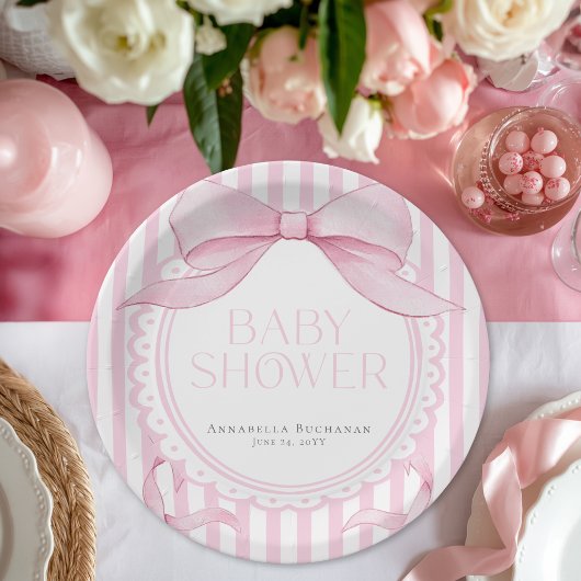 Pink Bow Girl Coquette Striped Baby Shower  ペーパープレート