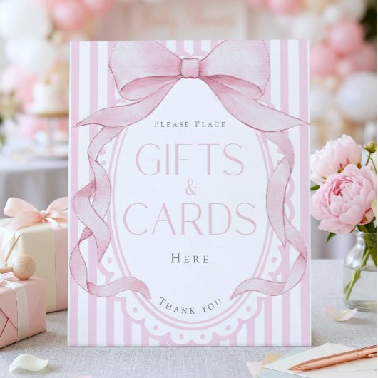 Pink Bow Girl Coquette Striped Baby Shower Gift 台座サイン