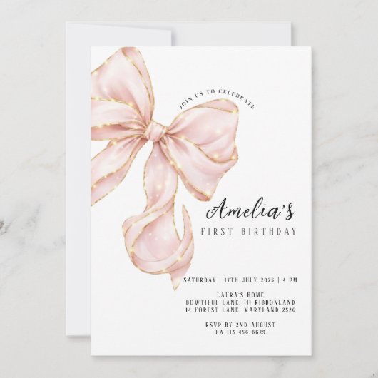 Pink Bow Girl First Birthday  招待状 (正面)