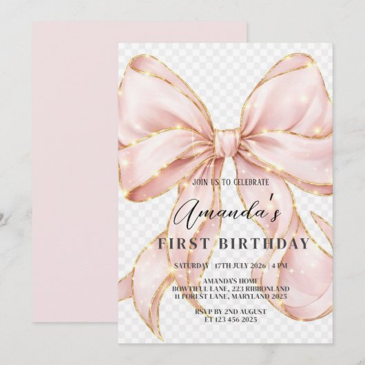 Pink Bow Girl First Birthday  招待状 (正面/裏面)