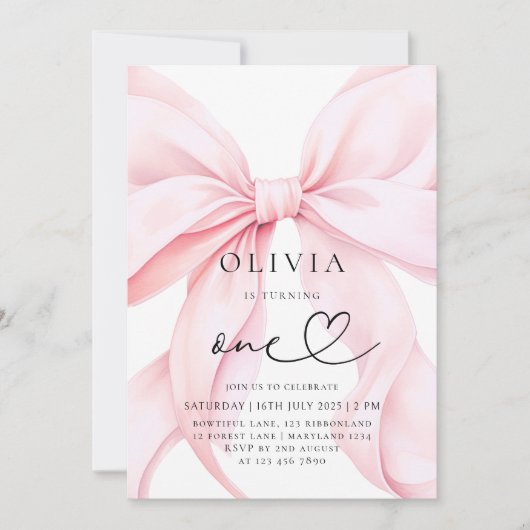 Pink Bow Girl First Birthday  招待状 (正面)