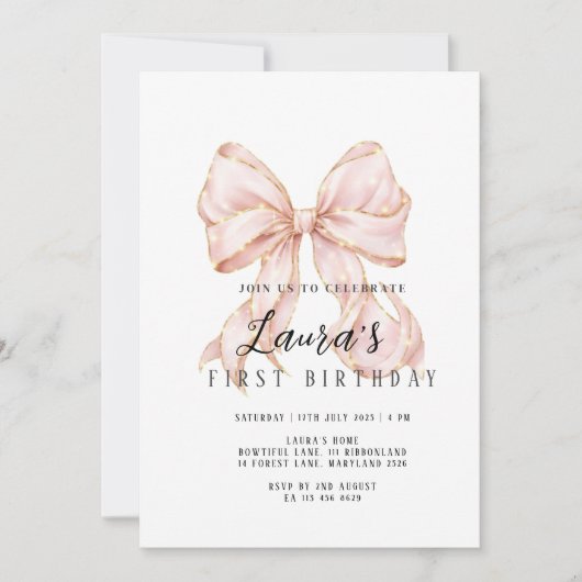 Pink Bow Girl First Birthday  招待状 (正面)