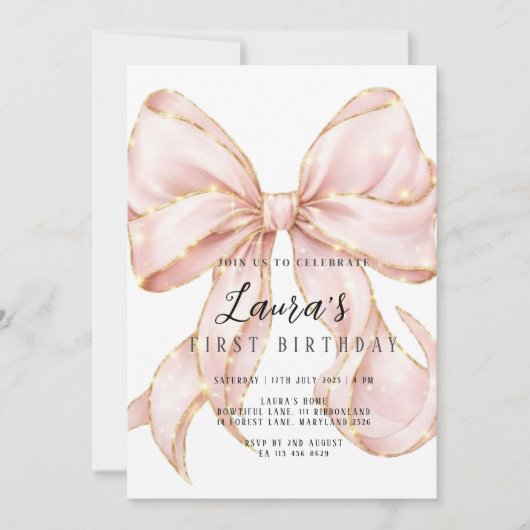 Pink Bow Girl First Birthday  招待状 (正面)