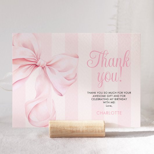 Pink Bow Girl First Birthday Flat Thank You Card サンキューカード
