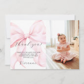 Pink Bow Girl First Birthday Flat Thank You Card サンキューカード (正面)