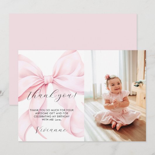 Pink Bow Girl First Birthday Flat Thank You Card サンキューカード (正面/裏面)