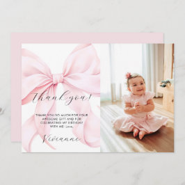 Pink Bow Girl First Birthday Flat Thank You Card サンキューカード