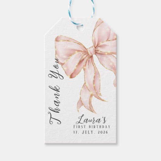 Pink Bow Girl First Birthday Party  ギフトタグ (正面)