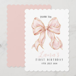 Pink Bow Girl First Birthday Party サンキューカード