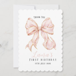 Pink Bow Girl First Birthday Party  サンキューカード