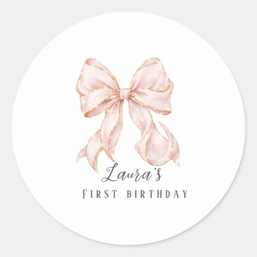 Pink Bow Girl First Birthday Party  ラウンドシール (正面)