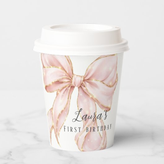 Pink Bow Girl First Birthday Party 紙コップ (正面)