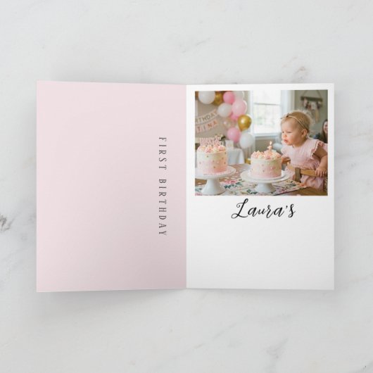 Pink Bow Girl First Birthday Party Thank You Card カード (内部)
