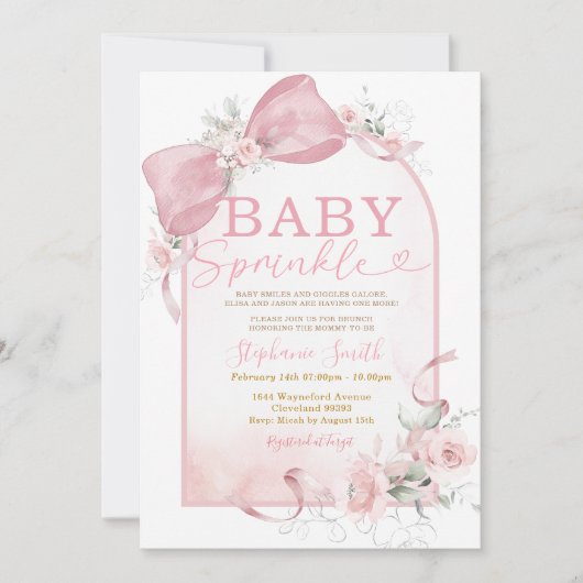 Pink Bow Girl Floral Baby Sprinkle Invite 招待状 (正面)