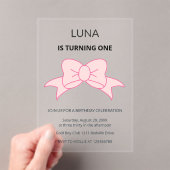 Pink Bow Girl Kids 1st Birthday  アクリル招待状 (インサイチュ (ポータブル))