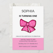 Pink Bow Girl Kids First Birthday  招待状 (正面/裏面)