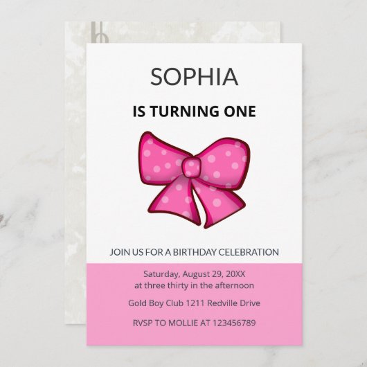 Pink Bow Girl Kids First Birthday  招待状 (正面/裏面)