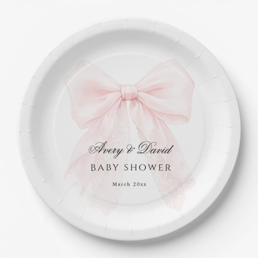 Pink Bow Girl Modern Baby Shower  ペーパープレート (正面)