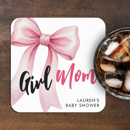 Pink Bow Girl Mom Ribbon Cute Baby Shower スクエアペーパーコースター