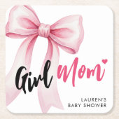 Pink Bow Girl Mom Ribbon Cute Baby Shower スクエアペーパーコースター (正面)